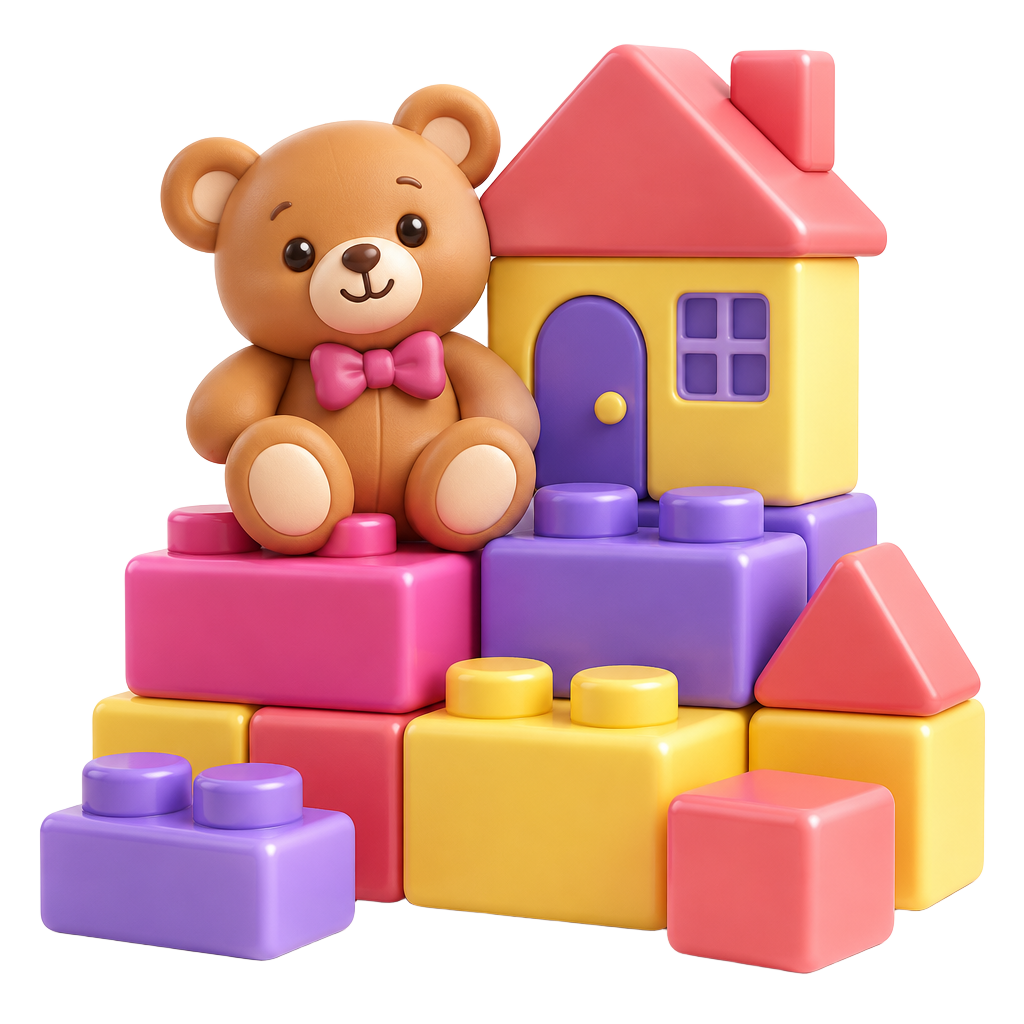 Toy blocks and teddy bear